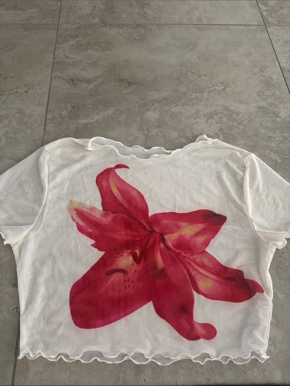 Fashion Nova Cream Mesh Crop Top with Large Pink Floral